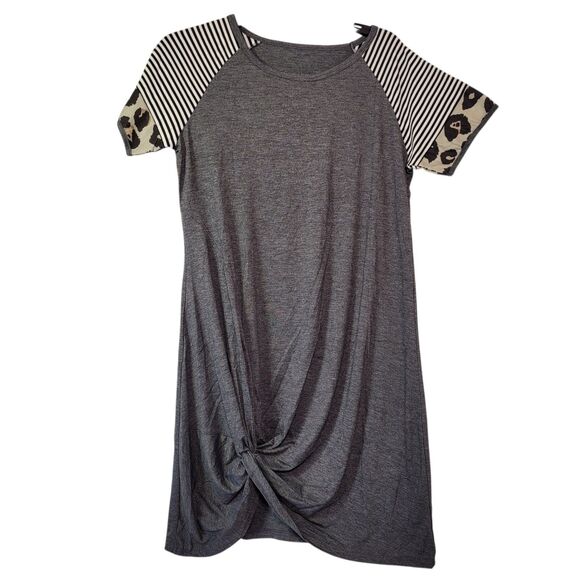 Women summer Twist Knot T-Shirt Dress Casual Short Sleeve Gray Size Medium - Picture 1 of 8